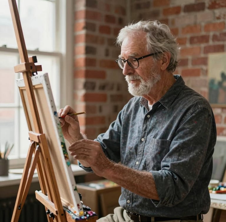Medium environmental portrait of an elder artist working at a wooden easel, soft side-light from a studio window highlighting wet oil paint textures on canvas, historic brick wall in the background.