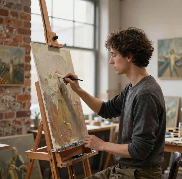 An artist working at a wooden easel in a historic studio with exposed brickwork, soft natural side-light from a large window, textured oil paintings visible in the background.