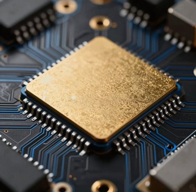 Extreme macro of a gold-plated microchip array on a black circuit board, cold blue rim light, high-contrast shadows