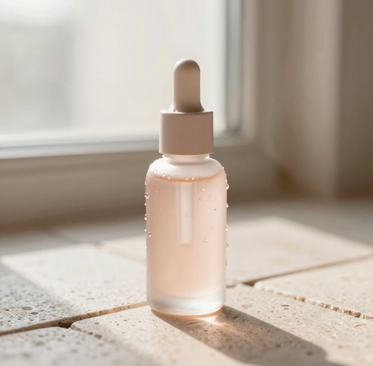 Macro close-up of a luxurious glass serum bottle resting on a raw stone tile, warm diffused morning window light, soft shadows, dewy texture visible