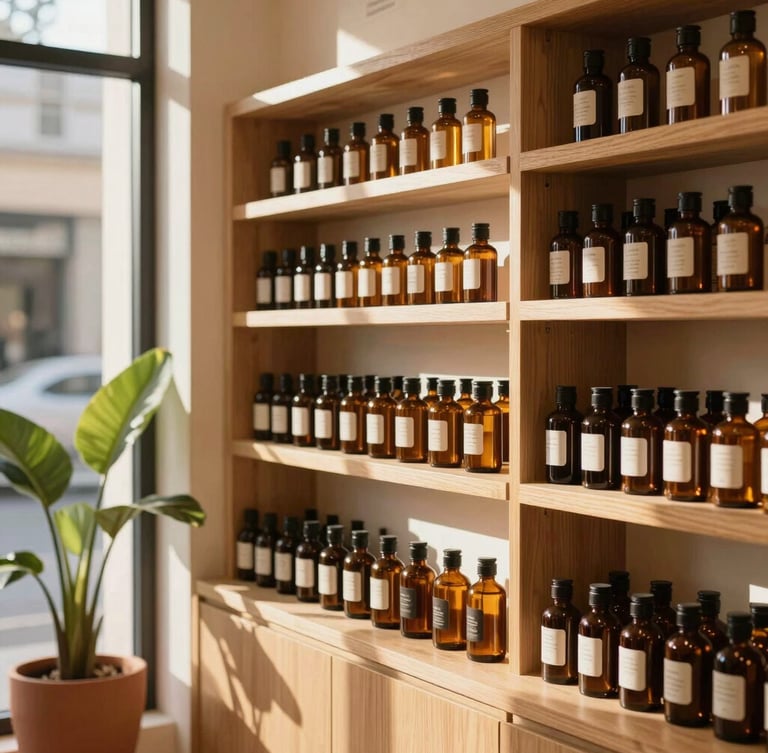 Warm, sun-drenched modern apothecary storefront interior, amber glass bottles on wooden shelves, golden hour sunlight streaming through the window, shallow depth of field.