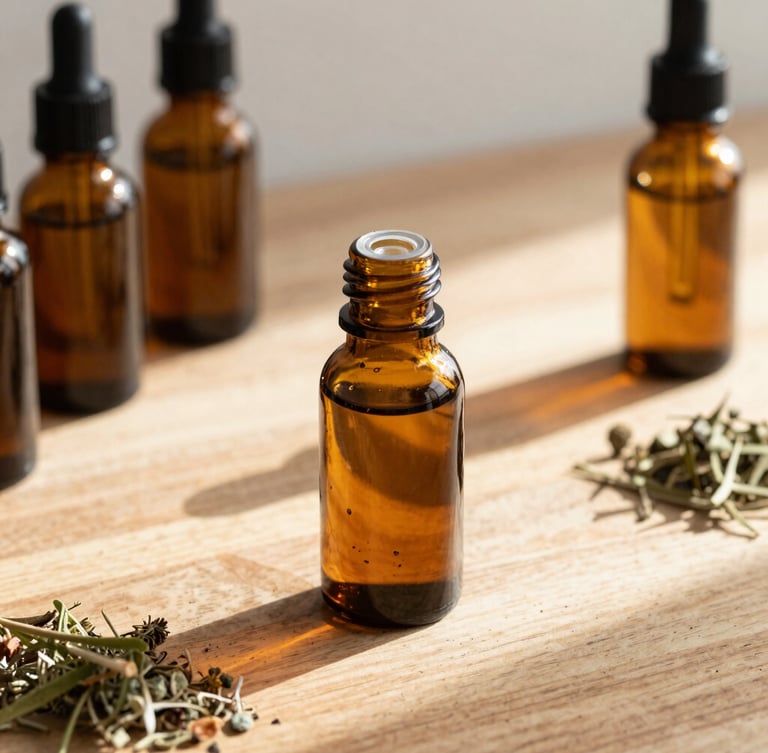 Close-up of raw herbal textures and amber glass bottles on a wooden counter under warm, streaming Miami sunlight, shallow depth of field.