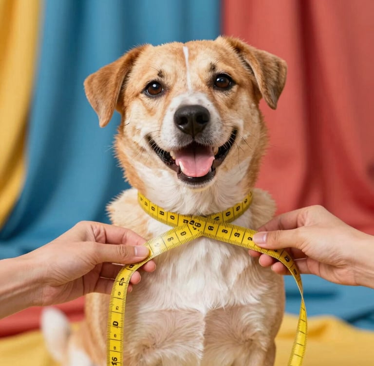 Primer plano de manos midiendo con delicadeza el pecho de un perro feliz con una cinta métrica amarilla, luz natural cálida, telas de colores de fondo