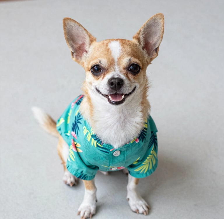 A happy small chihuahua wearing a vibrant tropical teal shirt, sitting comfortably on a clean light-gray floor, looking directly at the camera, warm natural daylight, eye-level medium close-up, 35mm lens