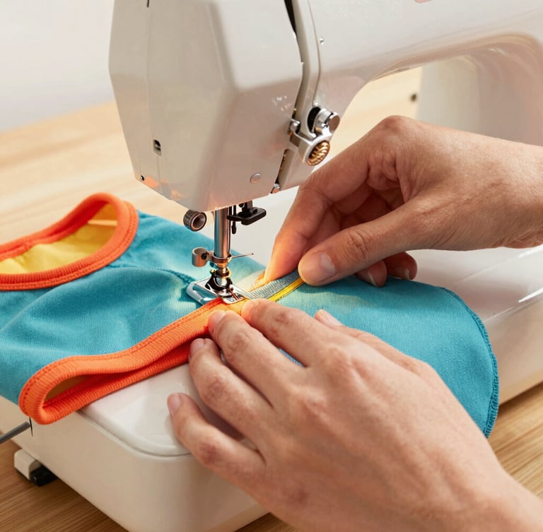 Close-up of hands sewing colorful pet clothing on a vintage sewing machine, bright warm daylight, focus on the textile textures and precise stitching