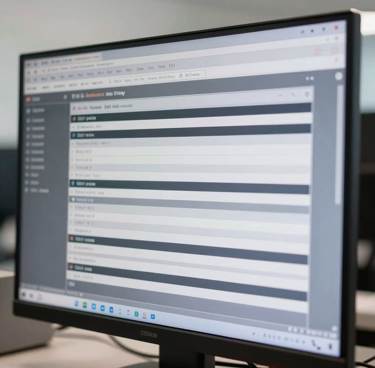 Close-up of a high-resolution monitor displaying structured EDI data streams, sharp focus, clean corporate background, cool white and slate gray tones.