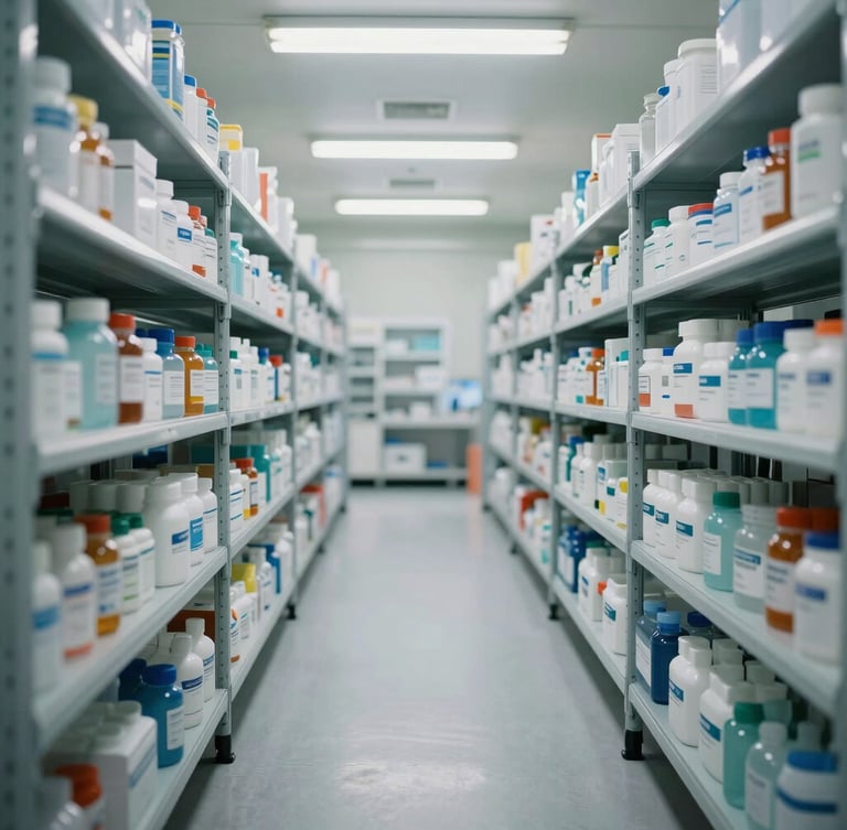 Crisp, perfectly level wide shot of sterile warehouse racks with organized medical supplies under cool fluorescent light.
