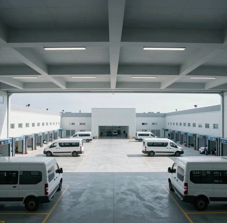 Wide, structured architectural shot of a clean-room loading bay with delivery vans, cool daylight, precise geometric layout.