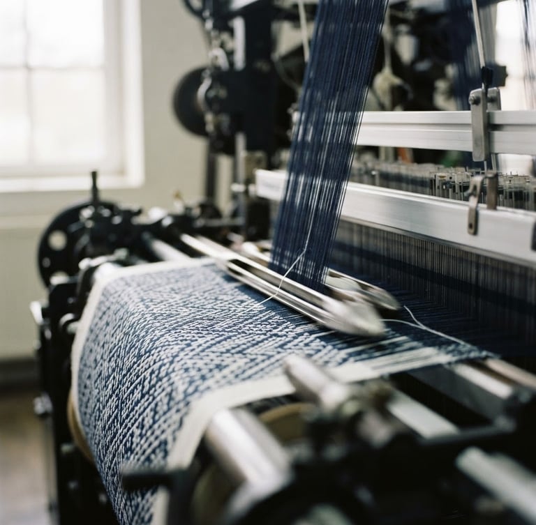 Close-up, detailed shot of a modern industrial loom actively weaving fine long-staple combed cotton threads, intricate weave pattern visible, soft natural window light from the left, shallow depth of field, focused on the moving threads, clean and precise aesthetic.