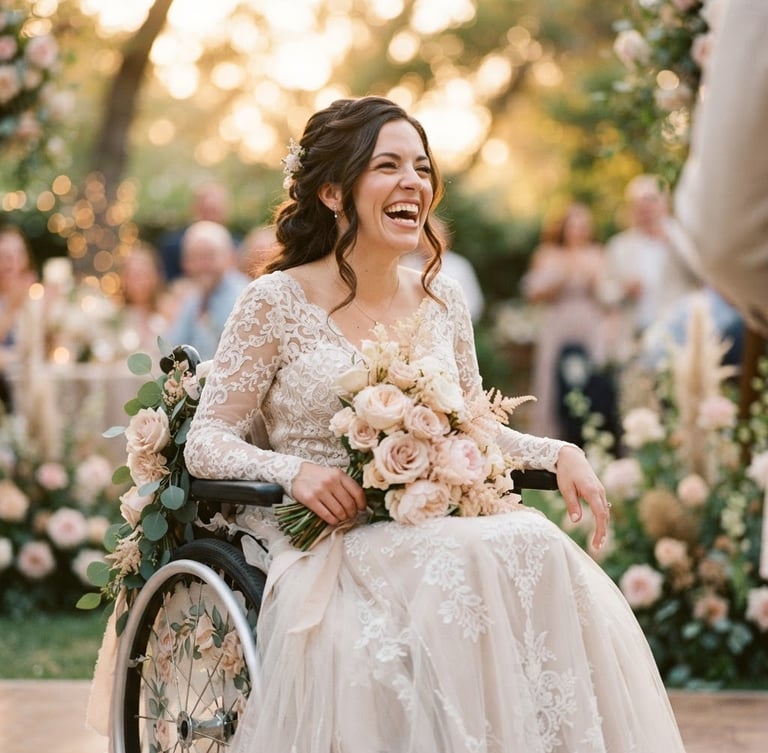 Candid medium shot of a woman with a physical disability laughing joyfully in a beautiful flowing lace wedding dress, warm golden-hour light, soft blush background, 35mm photography.
