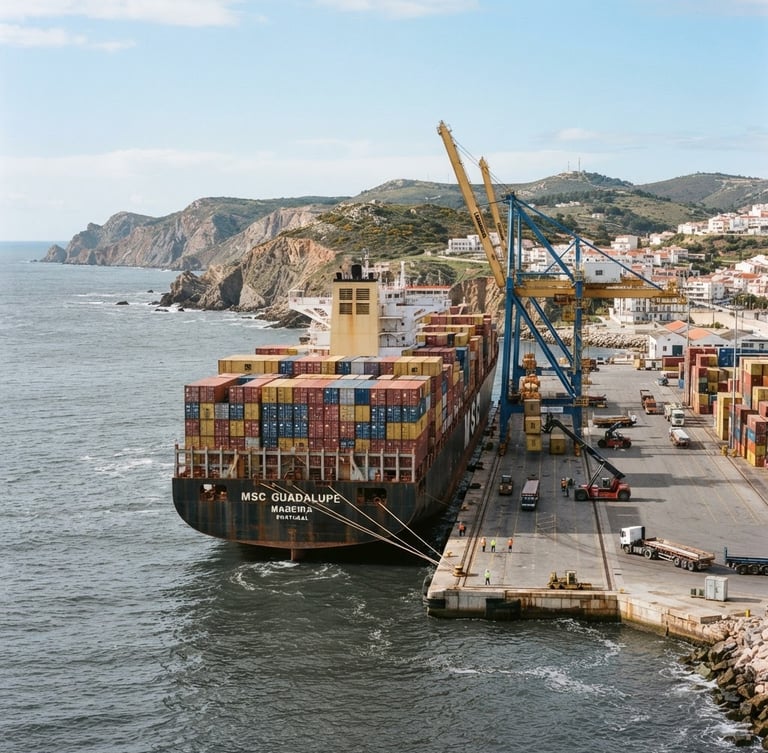 Wide shot of a modern cargo container ship docked at a rocky Portuguese coastal port, deep slate gray water, bright natural daylight, soft shadows, 35mm lens.