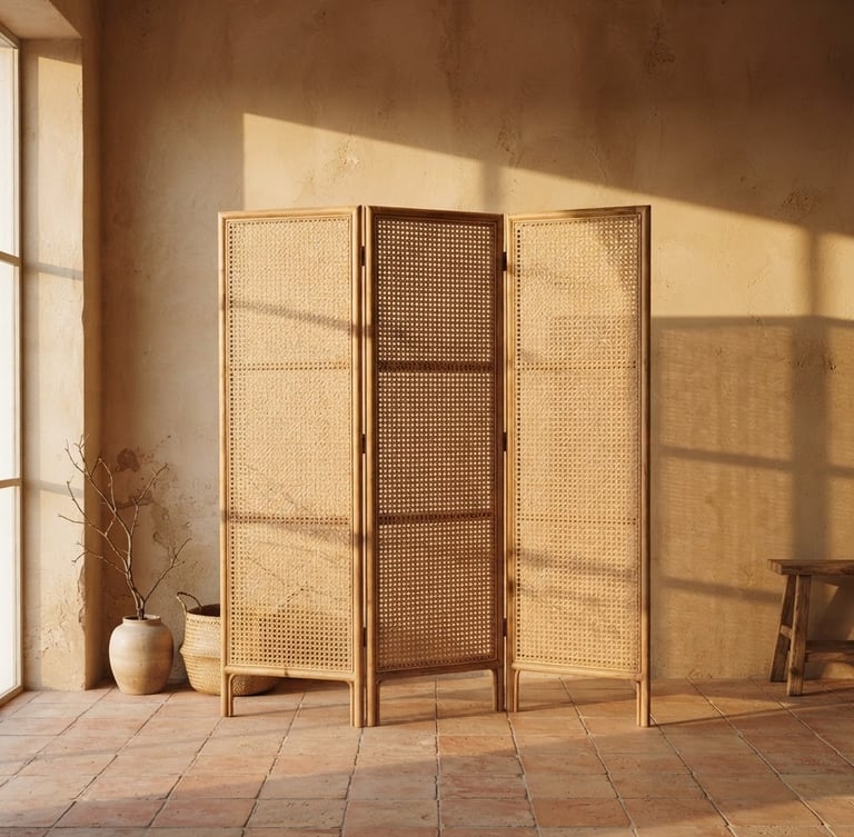 Straight-on architectural shot of a folding rattan screen casting long afternoon shadows on a soft sand wall, 35mm warm editorial photography.