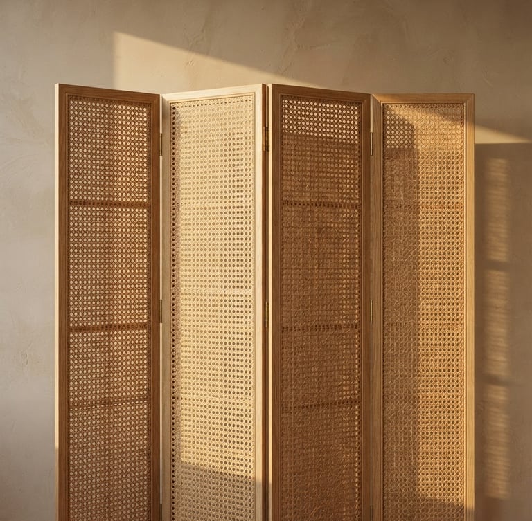 A straight-on architectural detail shot of a folding rattan screen catching warm, low-angle afternoon sunlight, casting soft long shadows on a neutral sand wall, 35mm.