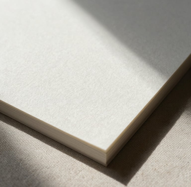 Extreme close-up of deeply embossed heavy-weight cotton paper stationery resting on a raw linen textile, hard side-lighting casting deep shadows