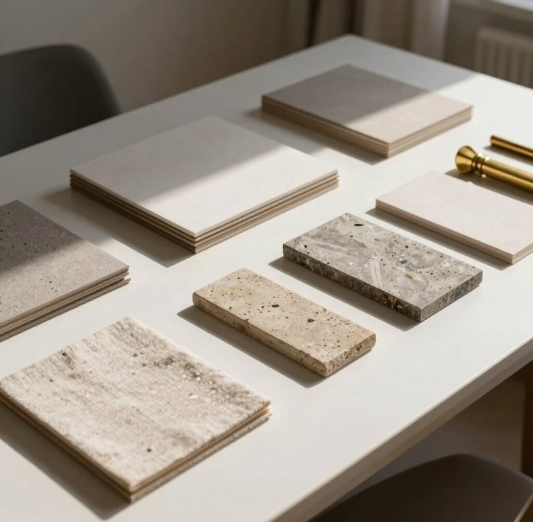 Wide expansive shot of a minimalist design studio desk with raw material samples, linen, stone, and brass under hard directional sunlight.