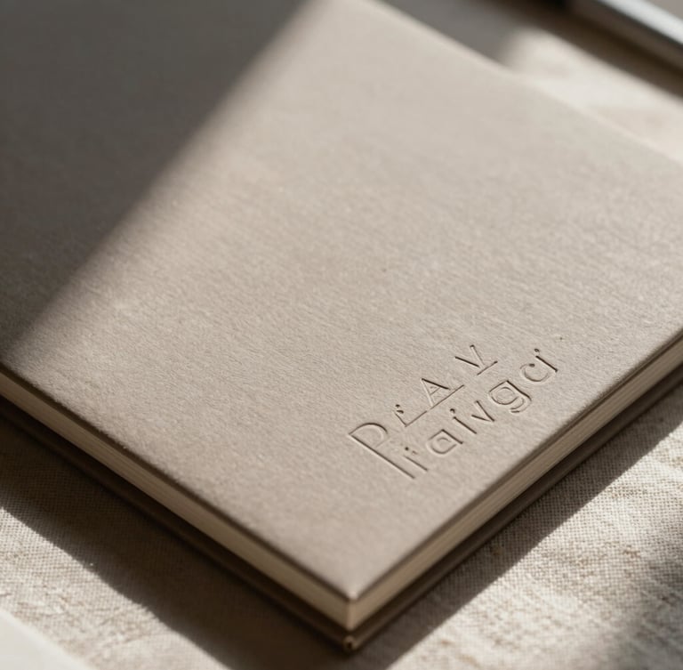 Close-up of premium embossed warm taupe stationery on textured linen fabric, sharp dramatic shadows from hard LA sunlight