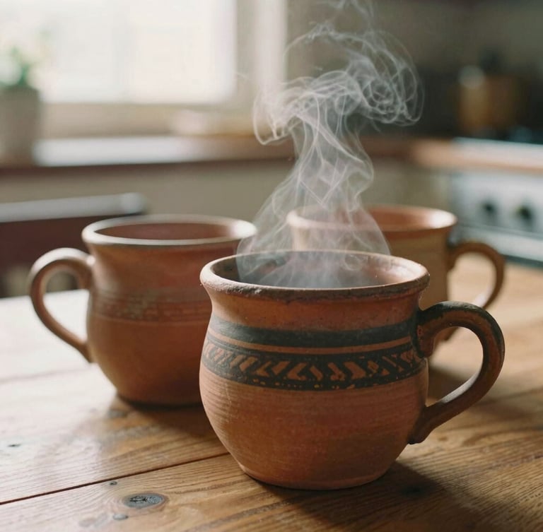 Close-up of three rustic terracotta mugs sitting on a wooden table, soft morning light, steam rising from one mug, cozy domestic kitchen scene, 35mm film