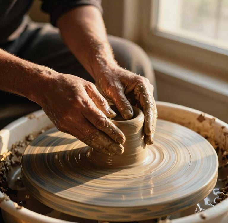 Close-up of potter's hands shaping wet terracotta clay on a spinning wheel, warm golden-hour window light casting soft long shadows, rich earthy tones, shallow depth of field, 35mm film style