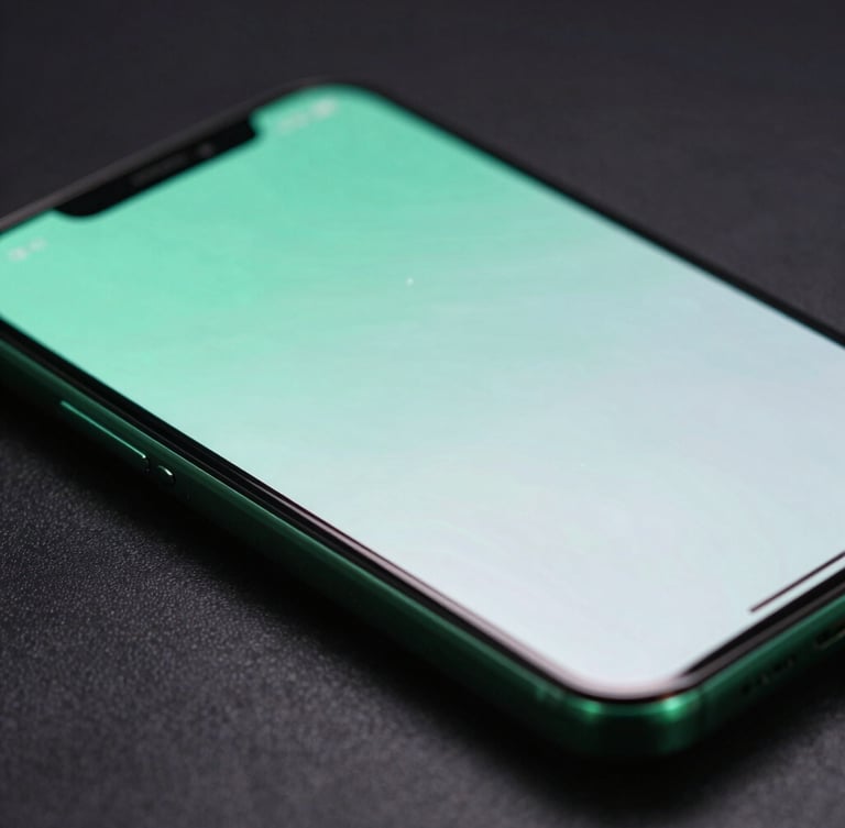 Macro close-up of a physical Android phone screen showing a smooth UI transition, sharp mint green edge-lights reflecting off the glass, low-key dark studio background.