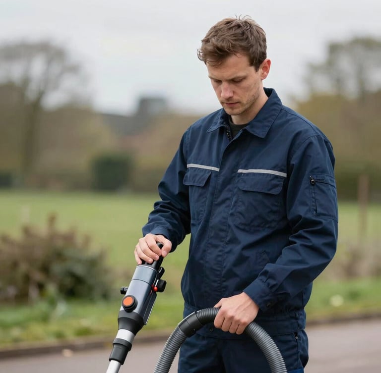 Portrait of a professional Squeak cleaner in a smart, dark blue uniform, holding specialized vacuum equipment, bright natural overcast British daylight, focusing on work.