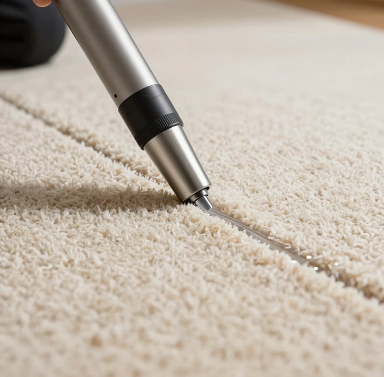 A close-up shot of a professional extraction vacuum nozzle pulling water from a thick, cream-colored wool carpet, leaving a sharp, clean line, bright natural daylight