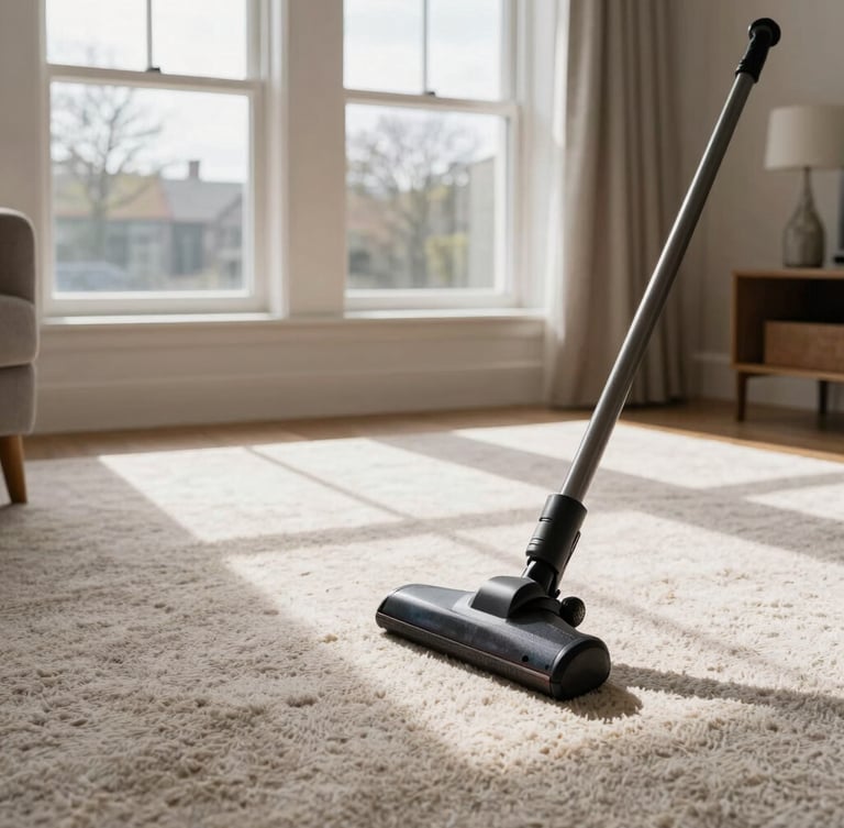 A pristine, sunlit living room in Solihull with sharp vacuum lines on a thick wool carpet, natural overcast British daylight filtering through clean windows.