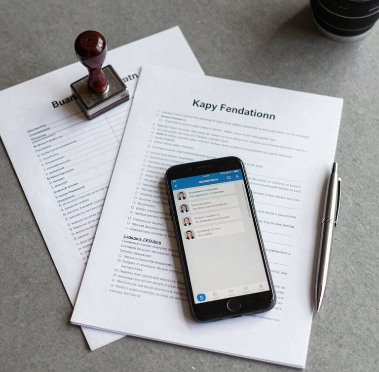 Clean overhead flat-lay of organized administrative documents, an official metal stamp, a smartphone displaying a secure chat, and a sleek pen on a slate-gray desk under bright natural light.