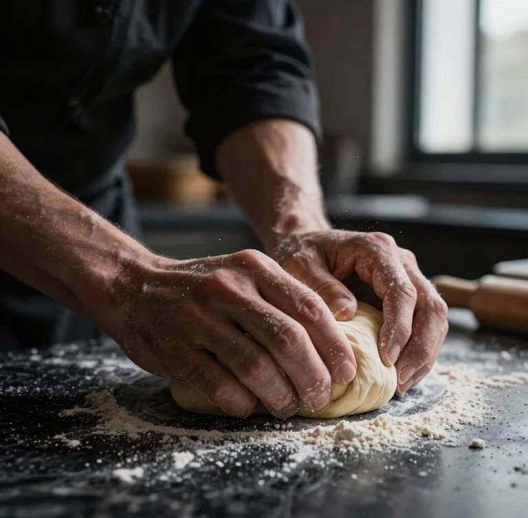 Macro close-up of focused chef hands kneading dough on a dark marble counter under sharp window light, flour visible in the air.