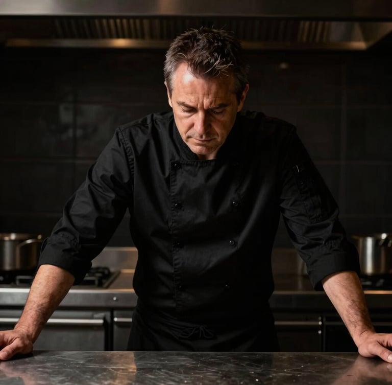 Chiaroscuro portrait of a seasoned professional chef in a clean black uniform, warm side lighting, looking down at a steel counter, rich textures, 35mm.