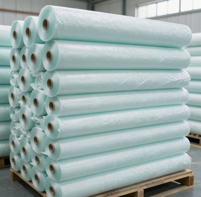Straight-on medium shot of large rolls of cold spandex viscose fabric stacked neatly in a bright, clean textile warehouse, soft teal accents, professional lighting
