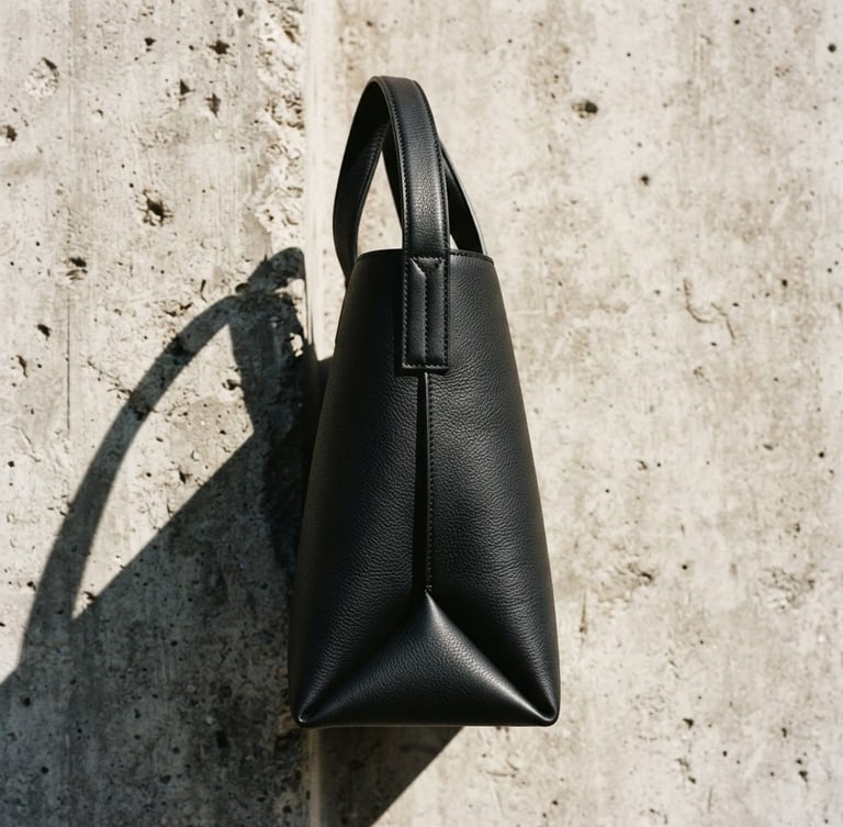 Extreme close-up side profile of a sculptural black leather tote bag resting against raw concrete, sharp direct light casting a hard geometric shadow to the left, deep obsidian tones, 35mm editorial