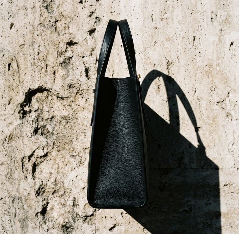 Stark, high-contrast side-profile of an architectural black leather bag cast against a raw travertine stone backdrop, sharp direct sunlight, deep graphic shadows, 35mm