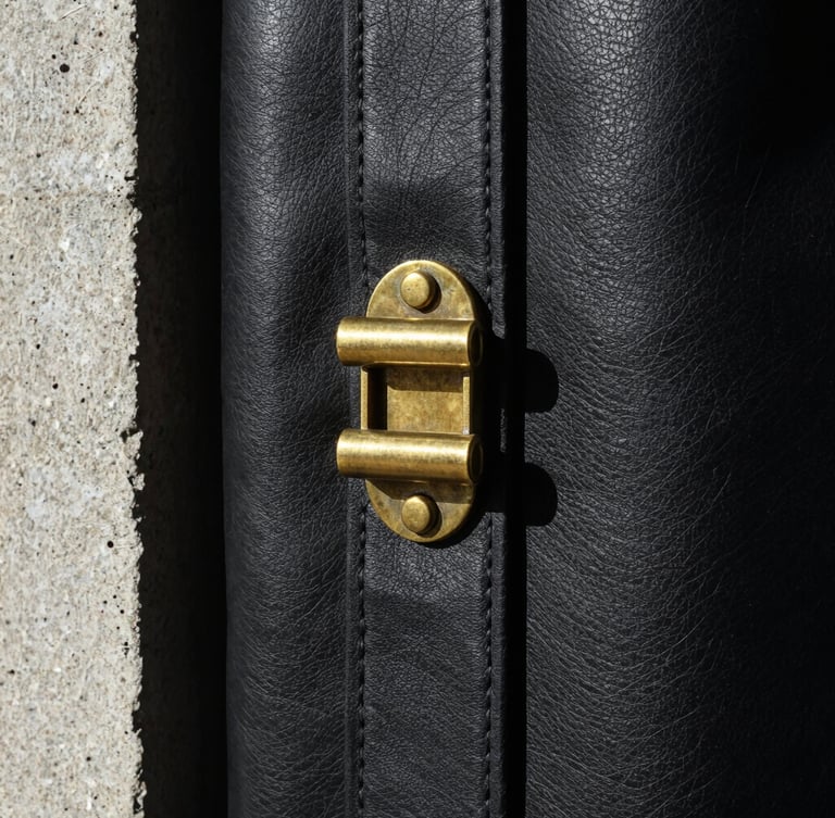 Extreme close-up of thick obsidian leather grain and heavy-gauge brass hardware, sharp direct sunlight, deep shadows, 35mm photography.