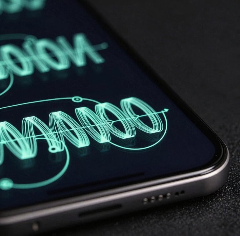 Extreme close-up macro shot of a flagship Android screen in a dark studio, displaying a complex physics wireframe with glowing cyber-mint vector lines tracing a scroll gesture. Low-key dramatic lighting with subtle mint edge-lights reflecting off the physical glass of the screen.