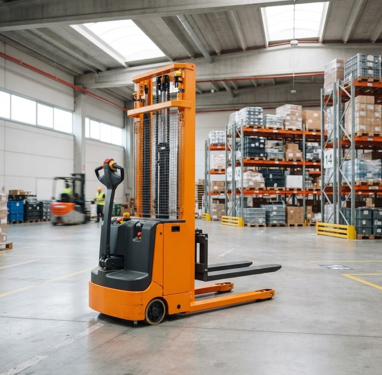 Crisp industrial photography, bright warehouse daylight, a heavy-duty electric pallet stacker positioned in a clean industrial facility, safety orange steel frame, sharp focus