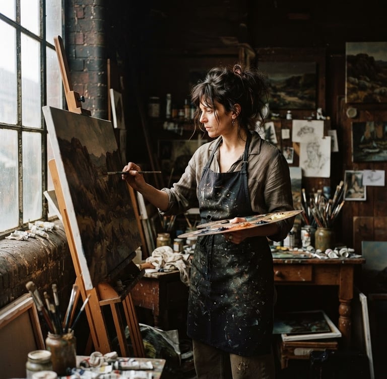 Moody cinematic film portrait of an artist in a dimly lit studio, natural window light casting rich shadows, warm organic tones, 35mm anamorphic lens.