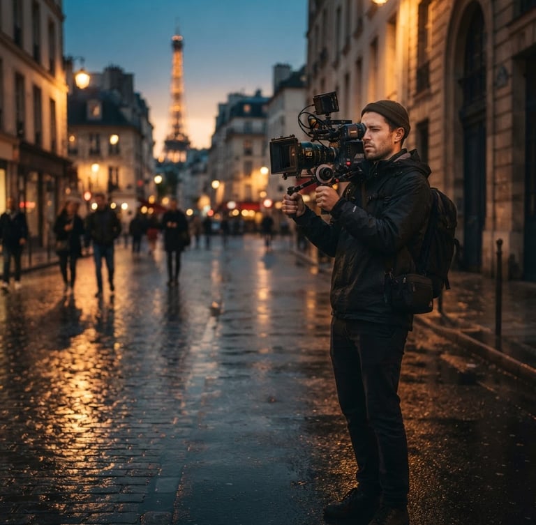 Cinematic wide shot of a lone filmmaker holding an anamorphic camera at dusk, soft golden light reflecting on wet asphalt, rich shadow depth