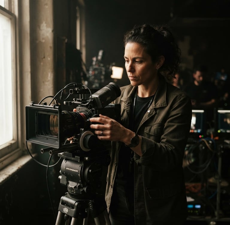Cinematic portrait of a director adjusting a camera lens, dramatic low-key window light, rich shadows, warm organic tones, 35mm anamorphic lens, authentic unposed moment