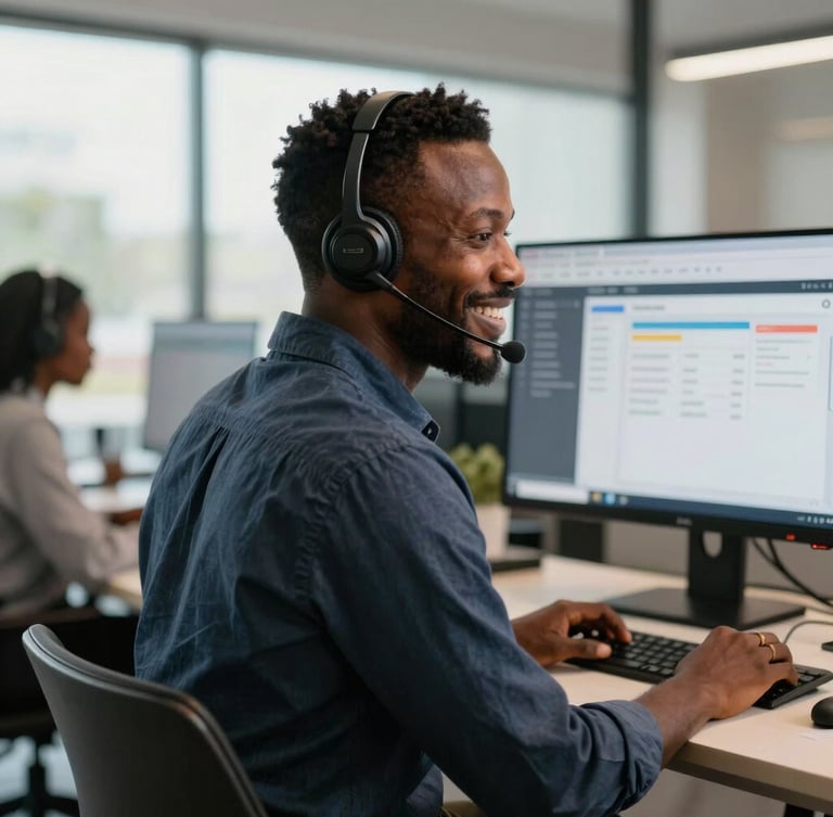 A professional Ghanaian customer success specialist wearing a modern headset, smiling in a bright, daylight-filled modern office in Accra, dual-monitor setup with ticketing software in the background.