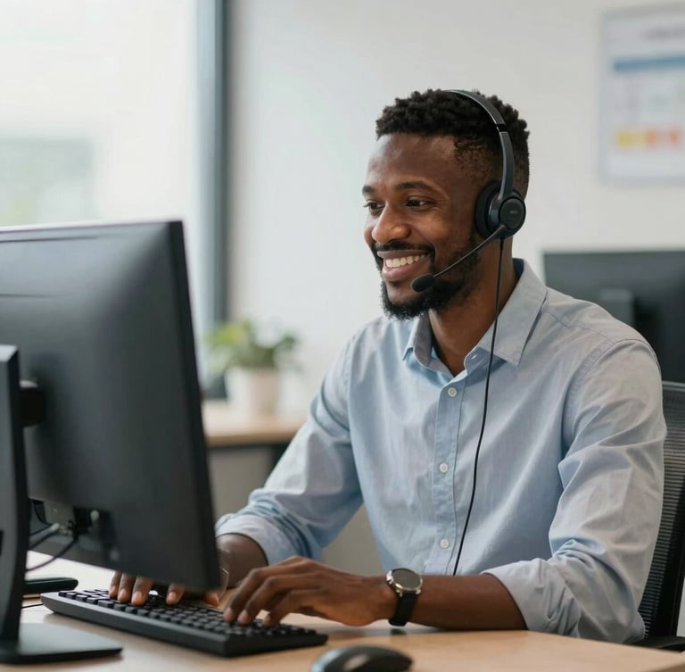 A professional Ghanaian customer support specialist wearing a modern headset, smiling warmly while looking at a dual-monitor setup in a bright Accra office