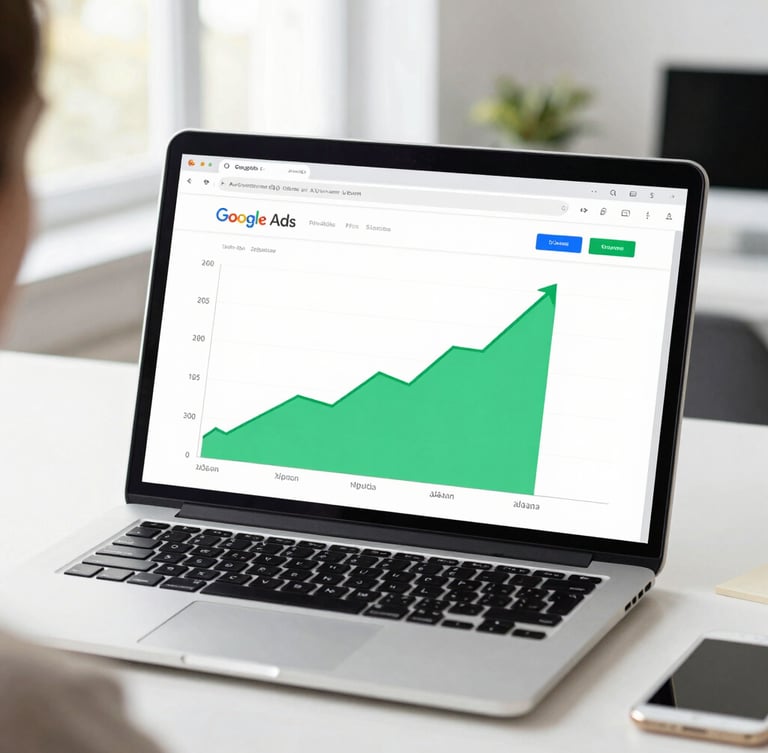 Over-the-shoulder shot of a modern laptop screen displaying a clean Google Ads dashboard with green upward trending charts, bright high-key commercial photography, clean office daylight, sharp focus