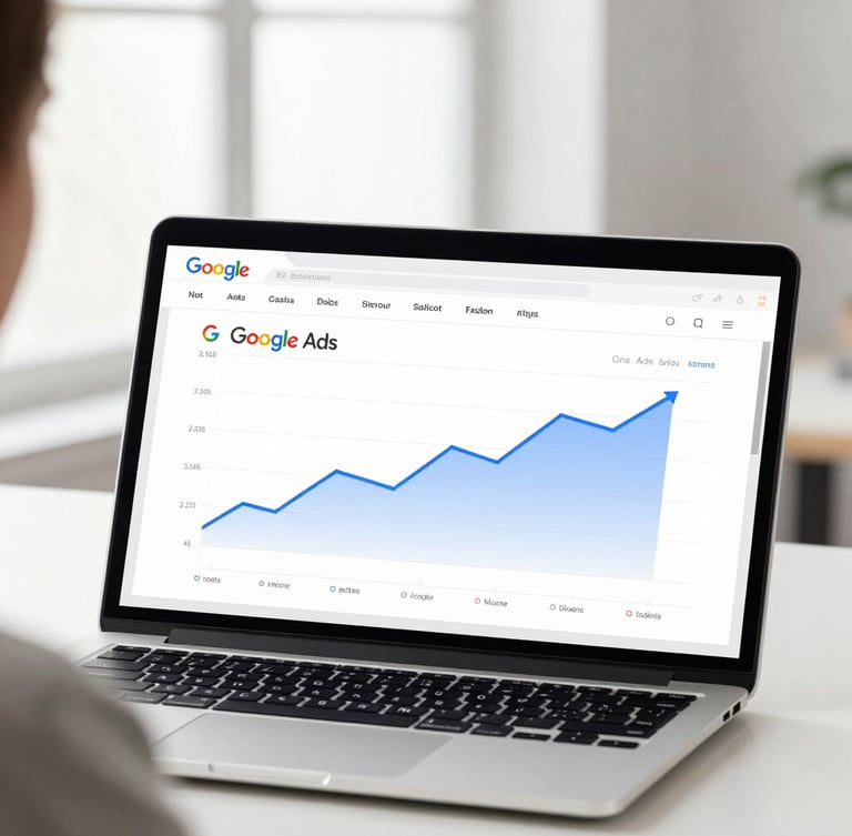 Over-the-shoulder shot of a modern laptop screen displaying clean Google Ads dashboard with upward trending line charts, bright clean studio lighting