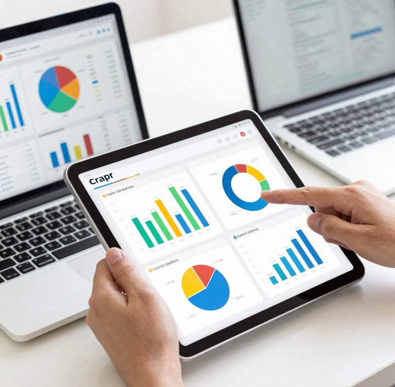 A close-up of a professional analyzing clean analytics dashboards on a tablet next to a laptop, bright high-key lighting