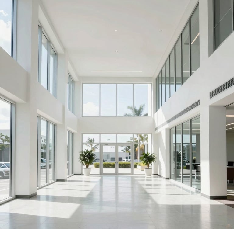 Wide architectural shot of a bright, sunlit South Florida office lobby, high-key natural light, clean minimalist aesthetic, 35mm lens