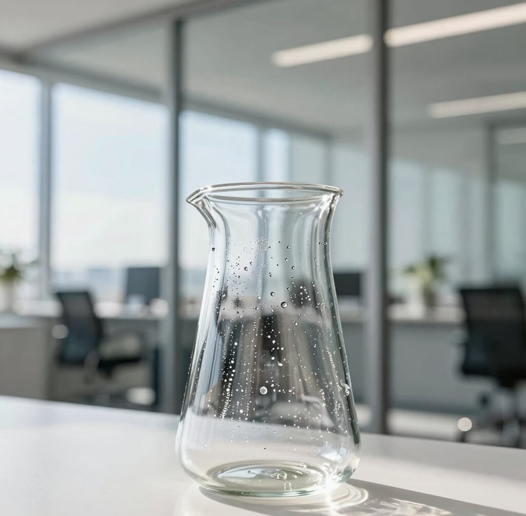 Close-up of condensation on clean glassware under bright, natural Florida sunlight, architectural office background, crisp reflections