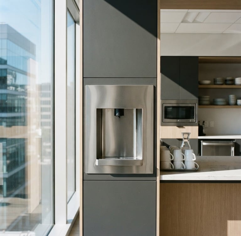 Sleek stainless steel water dispenser integrated into a sunlit modern office kitchen, crisp glass reflections, high-contrast corporate minimalism, 35mm lens