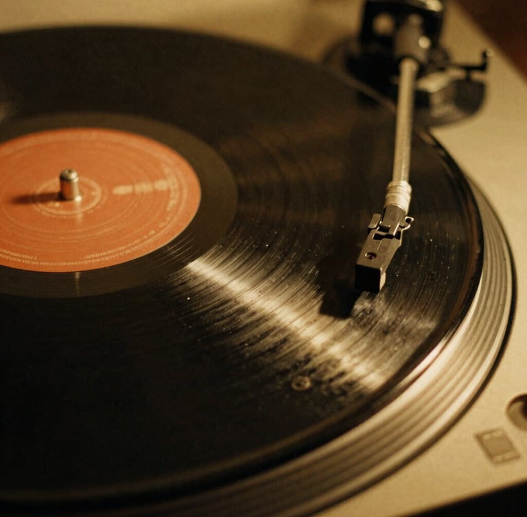 Macro close-up of vinyl record grooves spinning on a turntable, low-key side lighting with a warm golden glow, dust particles visible in the light, 35mm film grain.