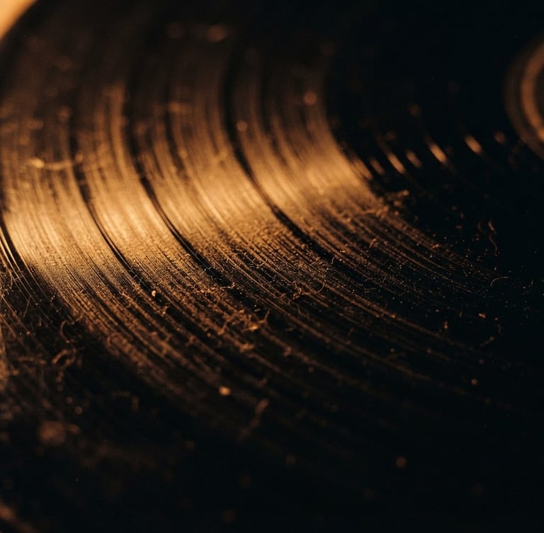 Macro close-up of textured vinyl grooves with warm tungsten side-lighting, dust particles visible in the light beam, rich dark tones with amber highlights, 35mm film grain