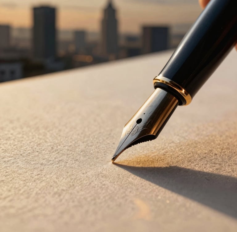 Macro close-up of a luxury fountain pen tip gliding over heavy textured cotton paper, warm golden hour light casting long shadows, deep obsidian tones.