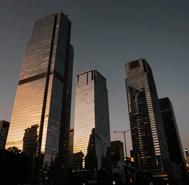 Cinematic wide-angle shot of Paseo de la Reforma skyscrapers in Mexico City at twilight, dramatic golden hour reflections on glass facades, high-contrast low-key lighting, deep obsidian and champagne gold tones